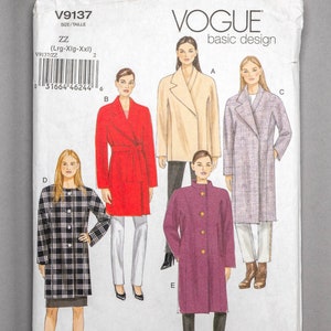 V9137 | Lrg-Xxl | Vogue Basic Design 9137 Lined Coats Sewing Pattern: Funnel Collar, Asymmetric Lapel Closure, Length Variations, Cut in One