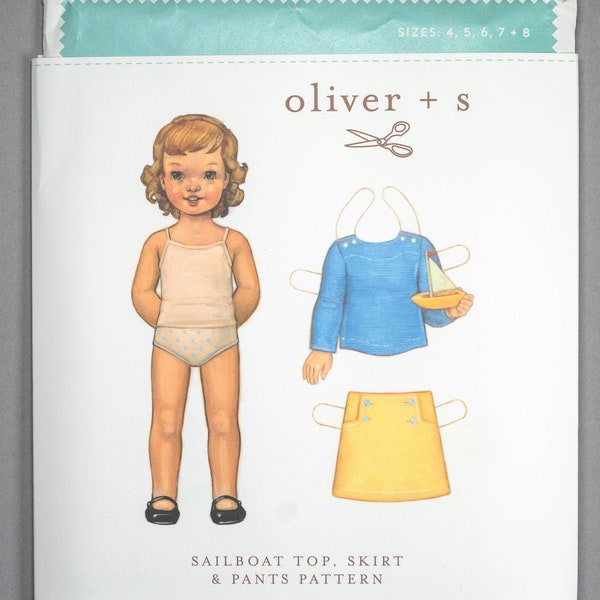 Oliver + S Sailboat Top, Skirt & Pants | Child 4-8 | Sewing Pattern for Girl, Boy, Unisex: Nautical Sailor Button Front, Curved Hem, Kids