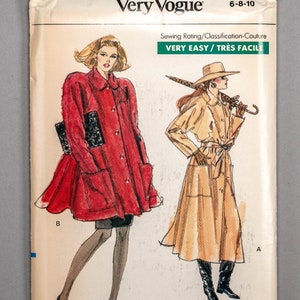 V7318 | szs 6-10 | Vogue 7318 Vintage 80s Unlined Flared Coat, Jacket Sewing Pattern: Raglan Sleeves Collar Patch Pockets Shoulder Pads Belt