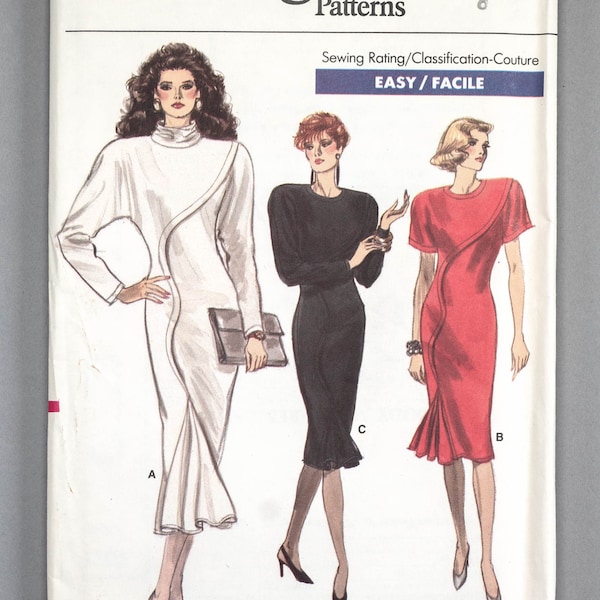 V7039 | sz 8 | Vogue 7039 1987 80s Misses Dress Sewing Pattern: Close Fitting, Dolman Sleeve, Asymmetric Seams Front Godet Kick Pleat Jersey