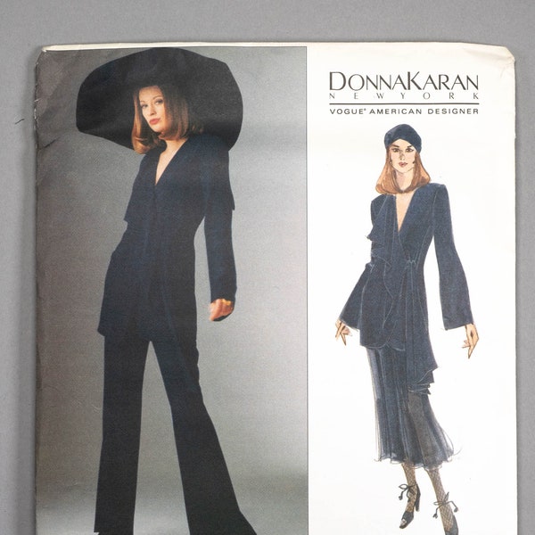 V1197 | sz 6-10 | Donna Karan Vogue American Designer 1197 DKNY Boho Wrap Jacket, Flared Skirt & Wide Leg Pants Sewing Pattern: Drape, Ties