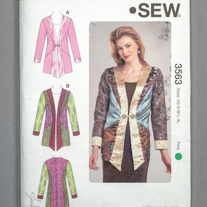 May include: Kwik Sew sewing pattern 3563 for misses' sizes XS-XL. The pattern features illustrations of jackets with various designs. The front of the pattern shows a woman wearing a jacket with a blue and brown paisley design. The pattern includes the text "Dancing Needle".