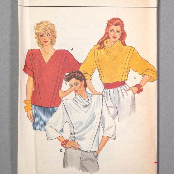 B4922 | sz 8 | Butterick 4922 Retro 1980s 80s Misses Pullover Blouse Top Sewing Pattern: Draped Shaped Collar, Kimono Sleeves, Chevron Tucks