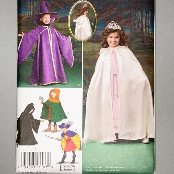 S1583 | szs 3-8 | Simplicity Child's Cape, Cloak, Robe, Tabard, Hood & Pointy Hat Costume Sewing Pattern: Wizard Princess Archer Musketeer