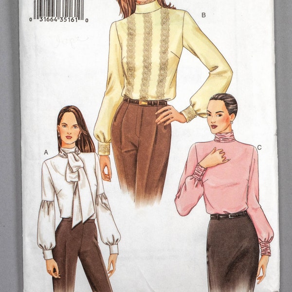 V7604 | sz 14-18 | Vogue 7604 Misses Loose Fitting Blouse Top Sewing Pattern: High Collar Variations Long Sleeves Shirred Cuffs French Darts