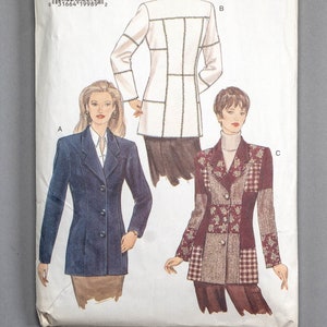 May include: Vogue Patterns sewing pattern number 9075 for sizes 8-10-12. The pattern includes instructions and templates for three different jackets: a blue blazer, a white jacket with a quilted design, and a red and white checked jacket.