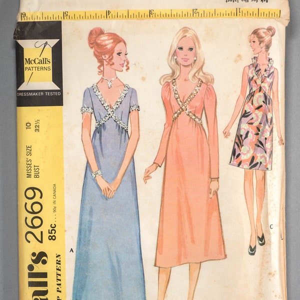 M2669 | size 10 | McCall's 2669 1970 1970s Womens Sewing Pattern Misses High Waist V-Neck Dress: Trim, Sleeve, Length and Ruffle Variations