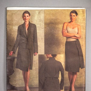 V2952 | szs 6-10 | Issey Miyake Vogue Designer Original 2952 Lined, Tucked, Laced Jacket and Mock Wrap Skirt Sewing Pattern: Asymmetric Hem
