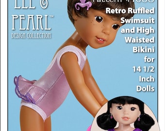 L&P 1058: Traje de baño retro con volantes y patrón de bikini de cintura alta para WellieWishers® de 14 1/2 pulgadas y muñecas similares — patrón de traje de baño para muñecas