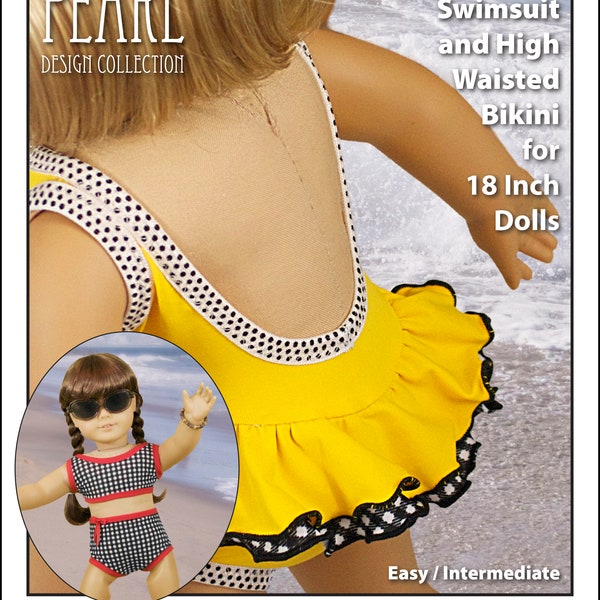 L&P 1058: Retro Ruffled Swimsuit and High Waisted Bikini Pattern for 18 inch American Girl dolls — vintage style doll swimsuit PDF pattern