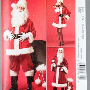 May include: A McCall's Costumes sewing pattern envelope, model M5550, size XN. The front features three images of individuals wearing red and white Santa Claus costumes with white faux fur trim, black belts, and hats, set against a bright red background.