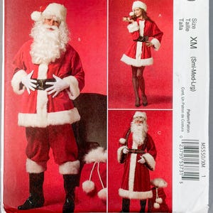 May include: A McCall's Costumes sewing pattern envelope M5550 for holiday attire. The package features three photographic examples of red and white Santa-themed outfits, including a jacket, pants, hat, and dress, with size XM listed on the side.