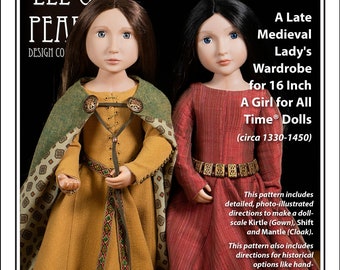 L&P 3001: Medieval Lady's Wardrobe Sewing Pattern for 16 inch A Girl for All Time dolls | historical doll kirtle gown mantle cloak shift