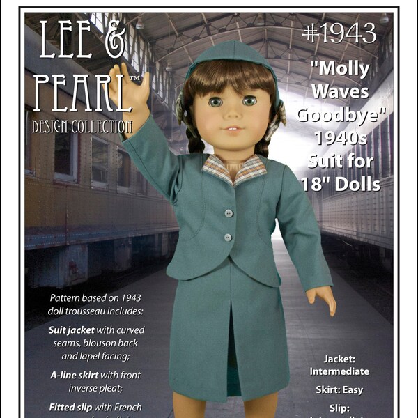 L&P 1943: Molly Waves Goodbye 1940s Suit for 18 inch dolls such as American Girl — Retro Doll Jacket, A-Line Skirt, Slip and Hat / Cap