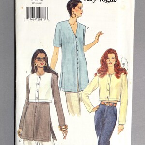 May include: A vintage sewing pattern titled "Very Easy Very Vogue" with illustrations of women's clothing designs. The pattern features a light blue tunic, a white and brown jacket, and a yellow cropped jacket. The size range is 8-10-12.
