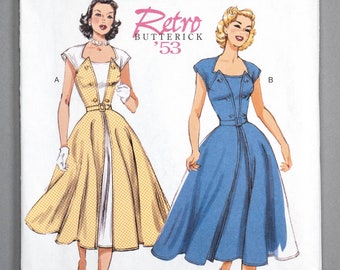 B6211 | sz 14-22 | Butterick 6211 Retro '53 Misses Sewing Pattern 50s 1953 Vintage Reprint Front Wrap Fit & Flare Dress, Buttons, Contrast