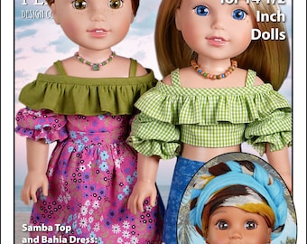 L&P 1035: Olá Brasil! Samba Top, Bahia Dress and Brazilian Baiana Headwrap Sewing Pattern for 14 1/2 Inch Wellie Wisher and similar dolls