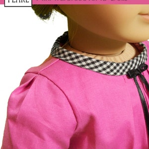 May include: A pink dress with a black and white checkered collar and black ribbon. The dress is for an 18 inch doll. The text "Pattern #1033: Bonjour, Paris Mini Wardrobe for 18" Dolls" is at the top of the image.