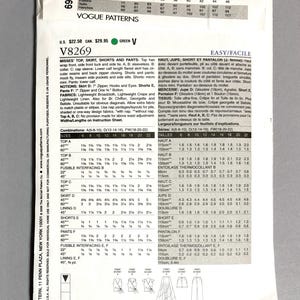 May include: Vogue Patterns sewing pattern V8269. The pattern includes instructions for a top, skirt, shorts, and pants. The pattern is printed on white paper with black text and illustrations. The price is $29.95.