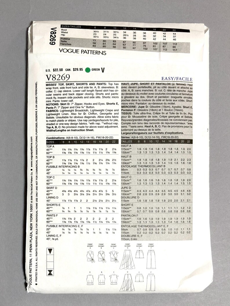 May include: Vogue Patterns sewing pattern V8269. The pattern includes instructions for a top, skirt, shorts, and pants. The pattern is printed on white paper with black text and illustrations. The price is $29.95.