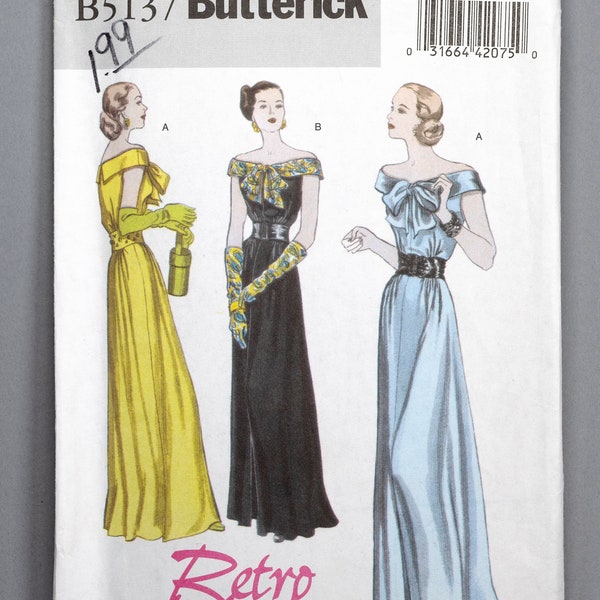 B5137 | 16-18-20-22 | Butterick 5137 Retro '48 Women's Dress Gown Sewing Pattern 1940s 1948 Vintage Reprint Elegant Evening Off the Shoulder