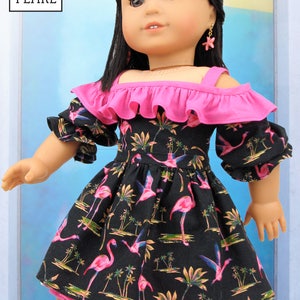 May include: A pink and black doll dress with a flamingo print and pink ruffle trim. The dress has a cold shoulder style and is perfect for a doll.