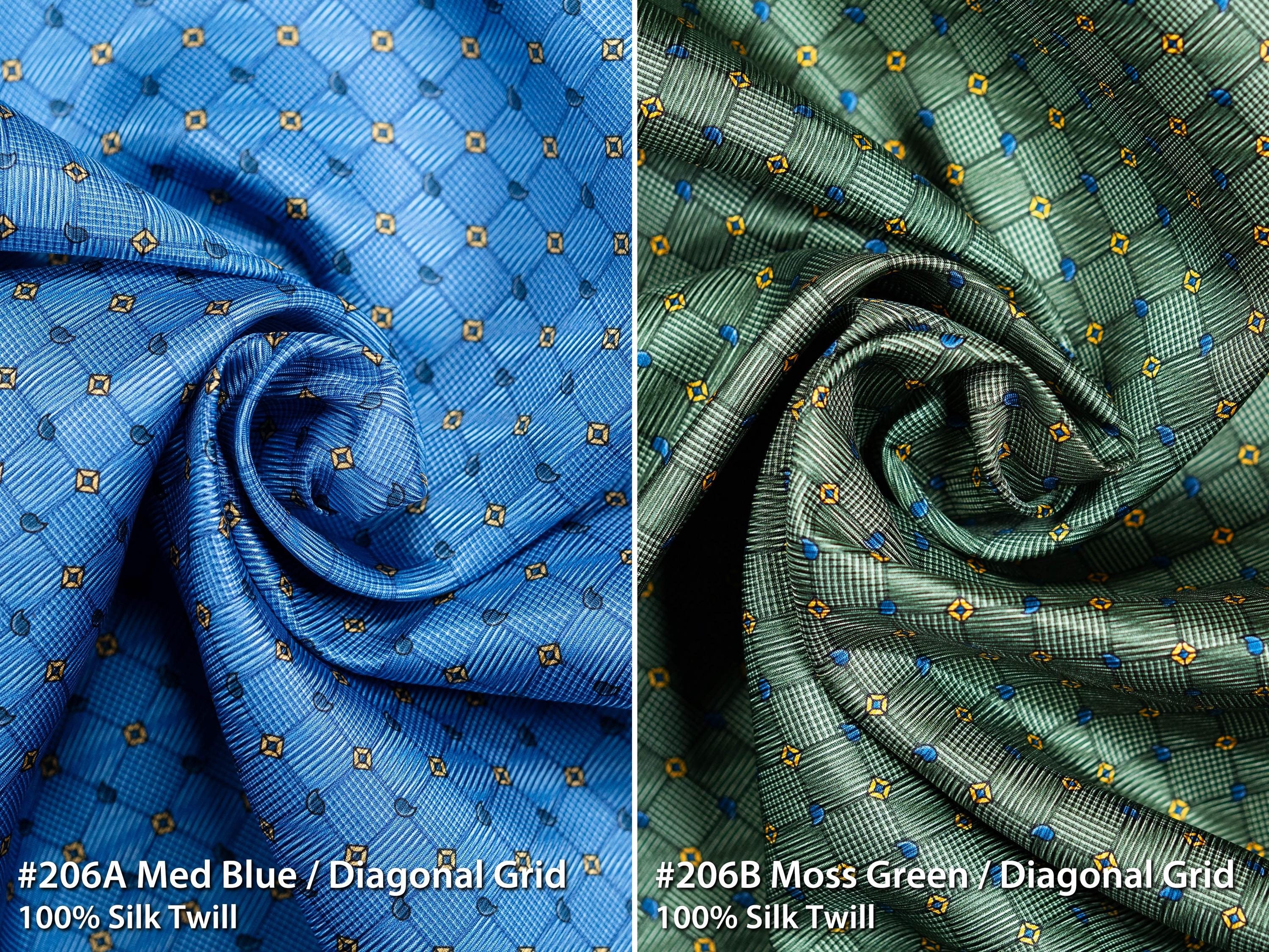100% Silk Twill Fabric for Neckties — Blue or Green Diagonal Grid — Sold by 33" x 22.5" Printed Piece — Scarf Retro Costume Dolls Deadstock