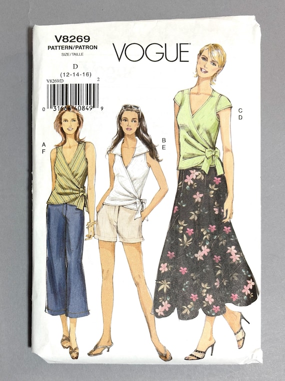 V8269 | szs 12-16 | Vogue 8269 Summer Separates Sewing Pattern: Tucked Wrap Top, Flat Front Cropped Pants, Shorts, Circular Seam Swirl Skirt