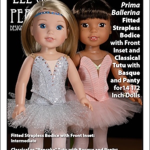 Könnte beinhalten: Muster #1073 Prima Ballerina Tailliertes trägerloses Oberteil mit Vordereinsatz und klassischem Tutu mit Basken und Höschen für 36,8 cm Puppen. Das Muster enthält Anleitungen für die Herstellung eines taillierten trägerlosen Oberteils mit Vordereinsatz, eines klassischen Tutus mit Basken und Höschen für 36,8 cm Puppen. Das Muster ist für das Oberteil als mittel und für das Tutu als mittel/fortgeschritten eingestuft.