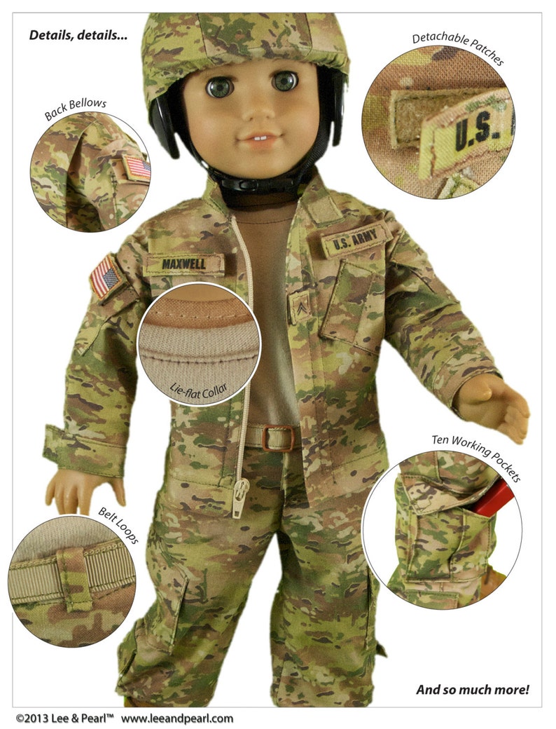 L&P 1010: Army Combat Uniform Sewing Pattern for 18 inch dolls such as American Girl uniform jacket, cargo pants, t-shirt and helmet cover image 3