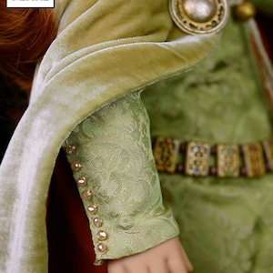 Lee & Pearl Pattern 3001: Late Medieval Lady's Wardrobe for 18 inch dolls such as American Girl — historical doll kirtle (dress), mantle (cloak), shift and girdle (belt). Illustrated historical background information booklet is included.