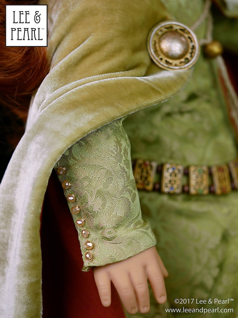 Lee & Pearl Pattern 3001: Late Medieval Lady's Wardrobe for 18 inch dolls such as American Girl — historical doll kirtle (dress), mantle (cloak), shift and girdle (belt). Illustrated historical background information booklet is included.