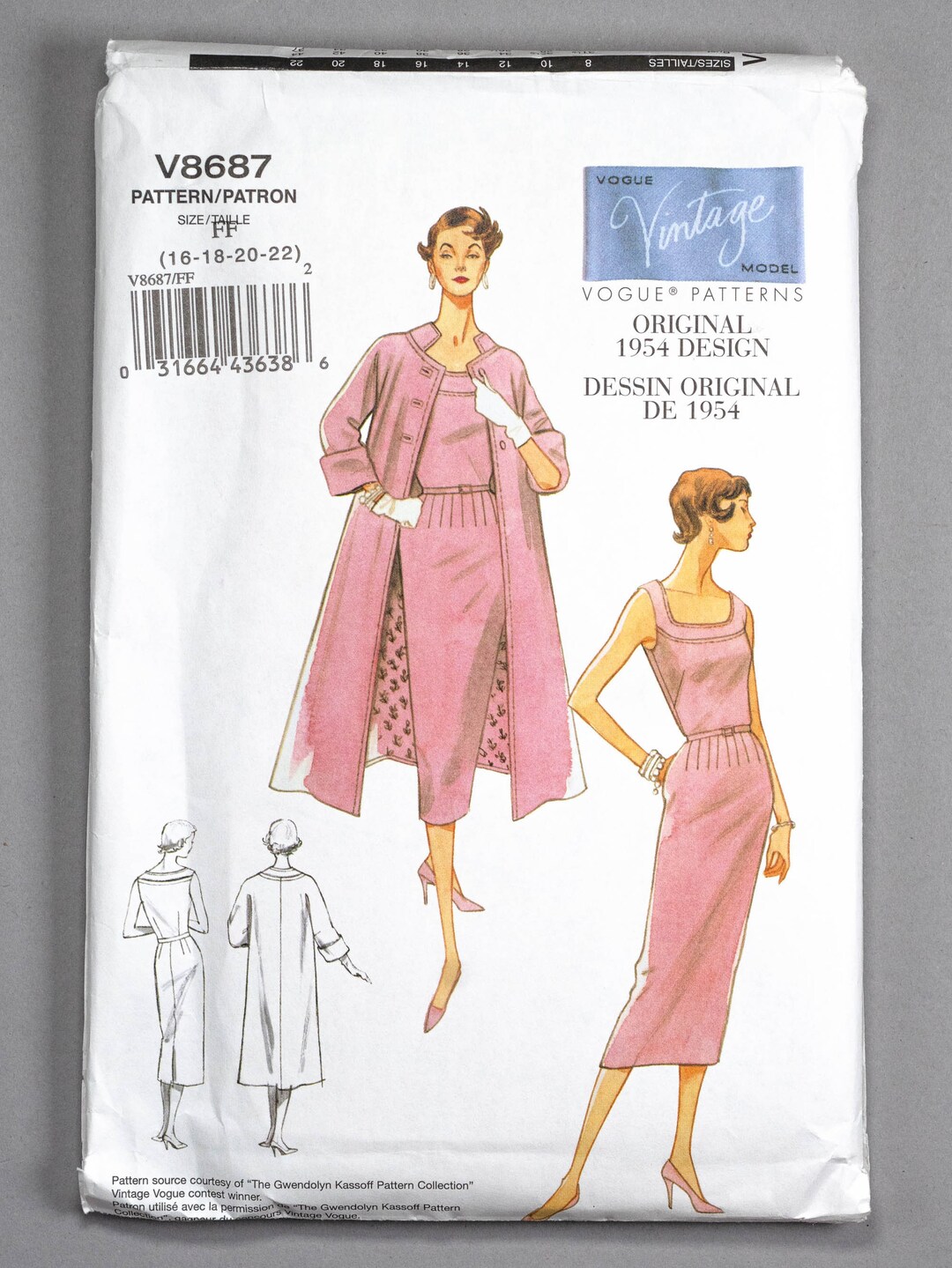 V8687 | Szs 16-22 | Vogue 8687 Original 1954 Design Misses Dress