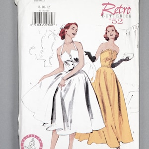 May include: Vintage sewing pattern envelope for a Retro Butterick '52 dress pattern. The envelope features two illustrations of women wearing dresses, one in white and one in yellow. The pattern number is 6174 and the size is 8-10-12.