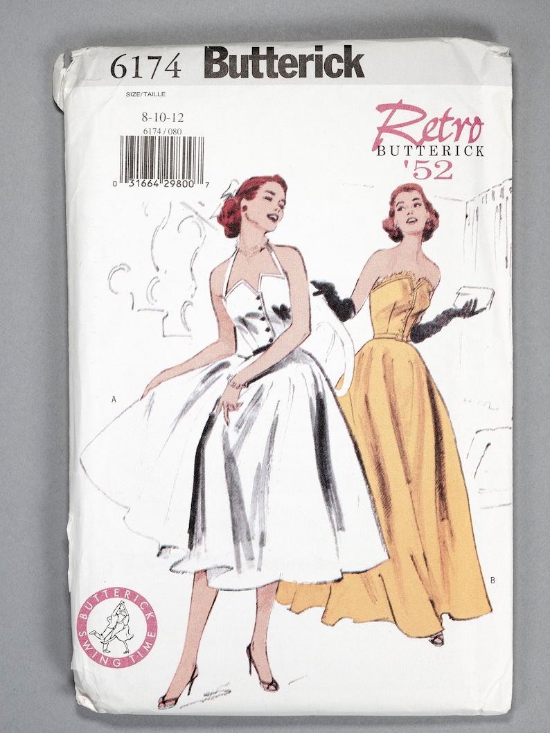 May include: Vintage sewing pattern envelope for a Retro Butterick '52 dress pattern. The envelope features two illustrations of women wearing dresses, one in white and one in yellow. The pattern number is 6174 and the size is 8-10-12.