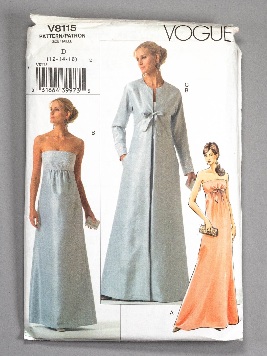 V8115 Szs 1216 Vogue 8115 Strapless Evening Gown & Coat Sewing Pattern