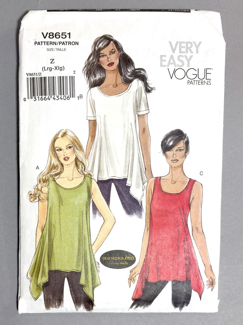 May include: Vogue pattern V8651 features illustrations of three different tops. The pattern includes the text "VERY EASY VOGUE PATTERNS" and "DESIGNED FOR knits". The size is Z (Lrg-Xlg). The color palette includes white, green, and red.