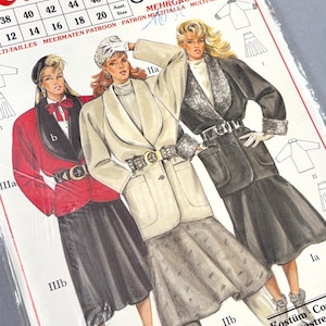 May include: A Neue Mode 20750 multi-size sewing pattern envelope featuring illustrations of three outfits. Each ensemble includes a blazer with a wide collar and a skirt. The designs showcase various color combinations, including red, cream, and black, with belted waists and textured details.
