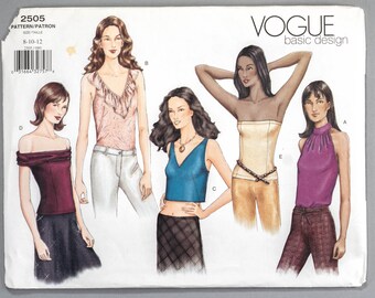 V2505 | sz 8-10-12 | Vogue Basic Design 2505 Sewing Pattern Misses Pullover Tops: Halter Ruffle Strapless Off Shoulder Cropped Silks Knits