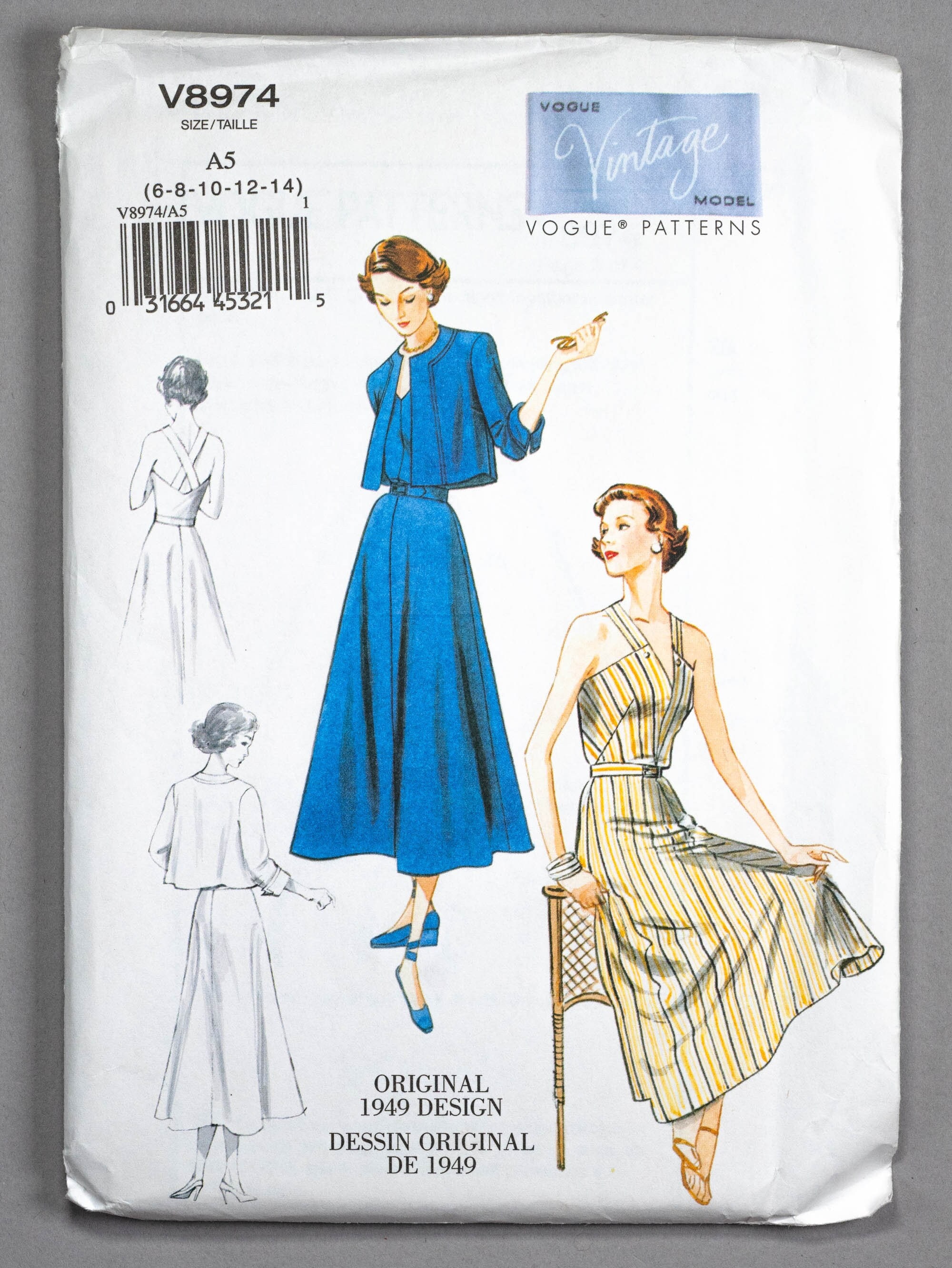 V8974 | szs 6-14 | Vogue 8974 Original 1949 Design Halter Sundress Dress, Cropped Swing Jacket & Belt Sewing Pattern: 40s Casual Vintage