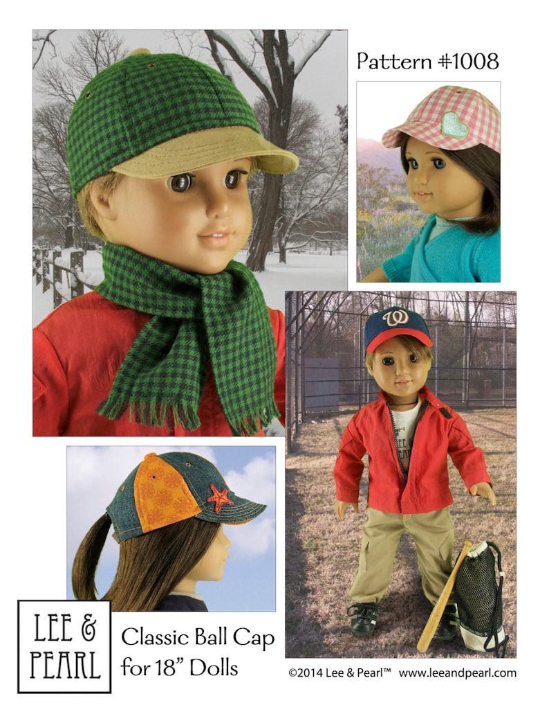 Peut inclure: Un patron de couture pour une casquette classique pour poup&eacute;es de 45 cm. Le patron est pr&eacute;sent&eacute; avec trois mod&egrave;les de poup&eacute;es diff&eacute;rentes portant la casquette dans diff&eacute;rents styles. Le patron est intitul&eacute; "Casquette Classique pour Poup&eacute;es de 45 cm" et comprend le texte "Mod&egrave;le #1008".
