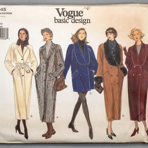 May include: Vogue basic design pattern showing illustrations of five long coats in different styles and colours. Coats include white, grey, blue, brown, and burgundy. The pattern is labelled 1445, with size options 8-10-12.