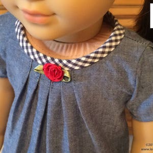 May include: A blue denim dress with a white and black gingham collar and a red fabric flower accent. The dress has a pleated bodice and short sleeves.