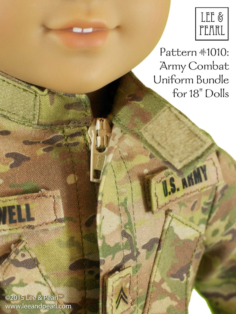 L&P 1010: Army Combat Uniform Sewing Pattern for 18 inch dolls such as American Girl uniform jacket, cargo pants, t-shirt and helmet cover image 4