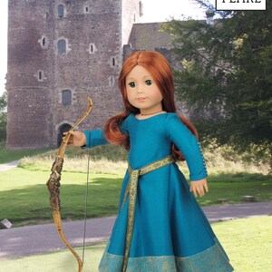 Lee & Pearl Pattern 3001: Late Medieval Lady's Wardrobe for 18 inch dolls such as American Girl — historical doll kirtle (dress), mantle (cloak), shift and girdle (belt). Illustrated historical background information booklet is included.