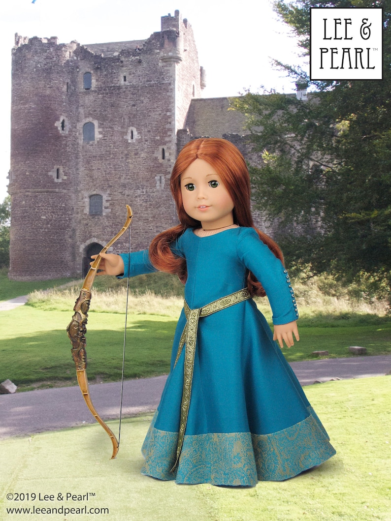 Lee & Pearl Pattern 3001: Late Medieval Lady's Wardrobe for 18 inch dolls such as American Girl — historical doll kirtle (dress), mantle (cloak), shift and girdle (belt). Illustrated historical background information booklet is included.