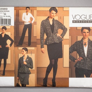 V2989 | szs 14-20 | Vogue Wardrobe 2989 Moderate Stretch Jersey Separates Sewing Pattern: Fitted Jacket, Top, Dress, Draped Skirt, Pants