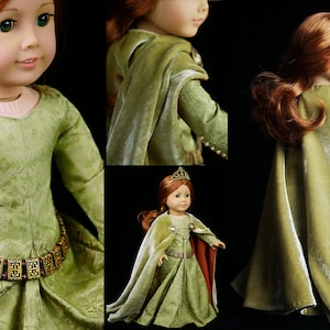 Lee & Pearl Pattern 3001: Late Medieval Lady's Wardrobe for 18 inch dolls such as American Girl — historical doll kirtle (dress), mantle (cloak), shift and girdle (belt). Illustrated historical background information booklet is included.