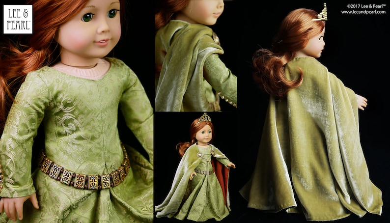 Lee & Pearl Pattern 3001: Late Medieval Lady's Wardrobe for 18 inch dolls such as American Girl — historical doll kirtle (dress), mantle (cloak), shift and girdle (belt). Illustrated historical background information booklet is included.