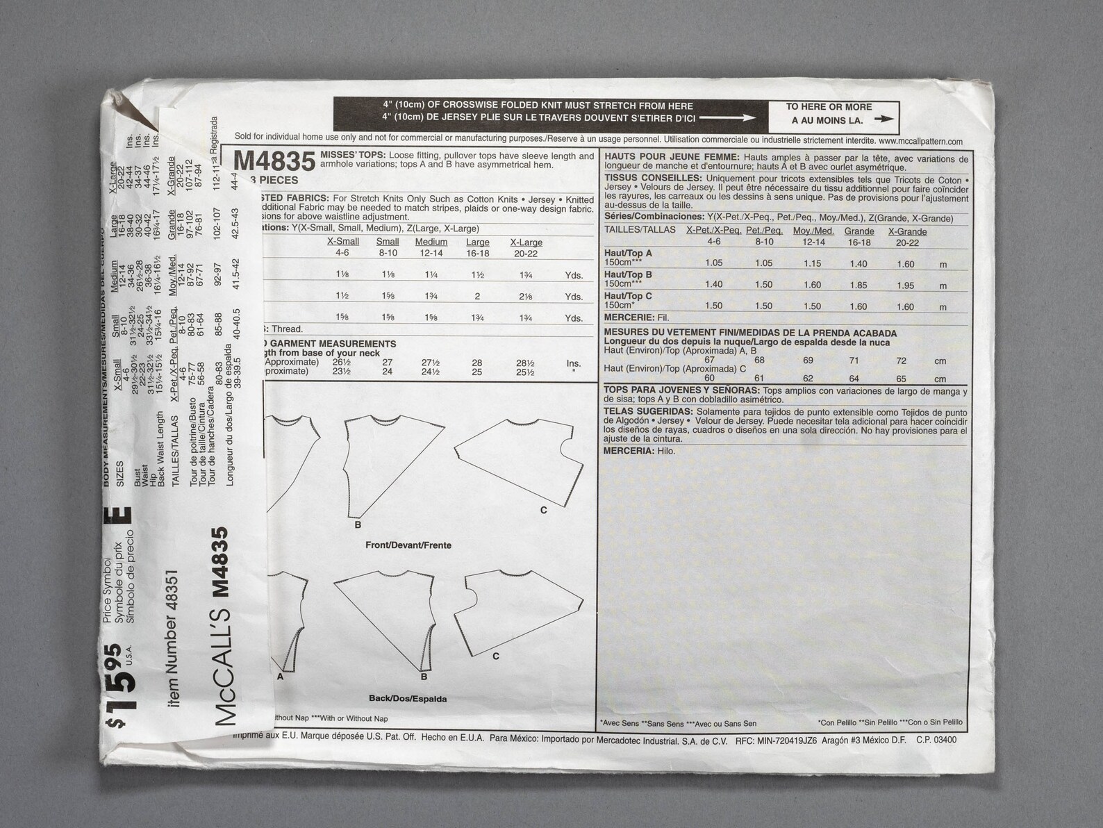M4835 | Szs Xsm-med | Mccall's 4835 Misses Sewing Pattern: Asymmetrical ...